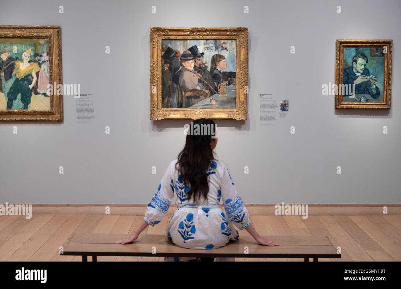 The Courtauld Gallery, Somerset House, Londres, Royaume-Uni. 13 février 2025. Goya à l'impressionnisme : chefs-d'œuvre de la collection Oskar Reinhart. Image (de gauche à droite) : Henri de Toulouse-Lautrec, le Clown Cha-U-Kao ; Edouard Manet, au Café ; Pablo Picasso, portrait de Mateu Fernández de Soto, 1901. L’une des premières œuvres de Picasso de sa « période bleue ». Confédération suisse, Office fédéral de la culture, Oskar Reinhart Collection «Am Römerholz», Winterthur. Crédit : Malcolm Park/Alamy Live News Banque D'Images