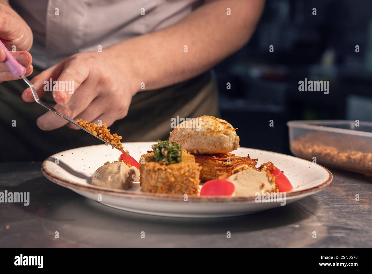 Chef professionnel mettant soigneusement la touche finale à un plat gastronomique dans une cuisine commerciale Banque D'Images