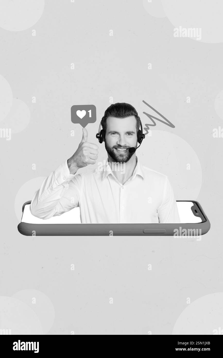 Collage photo créatif de jeune assistant travailleur jeune homme montrant le pouce vers le haut comme notification de clic dans l'écran du téléphone isolé sur fond bleu Banque D'Images