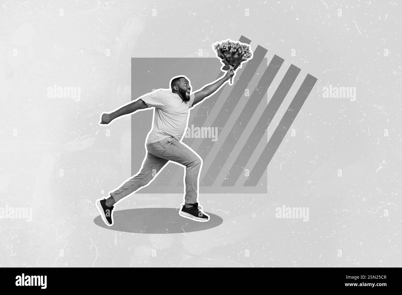 Image de collage créative d'un gars excités bras tenir fleurs bouquet isolé sur fond de dessin Banque D'Images