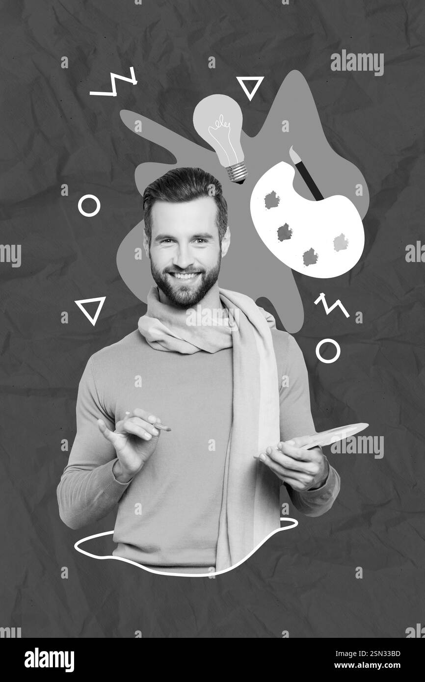 Collage photo conçu collage de jeune artiste talent professionnel dessin maître tenir palette broshpaint créativité idée isolée sur fond bleu Banque D'Images