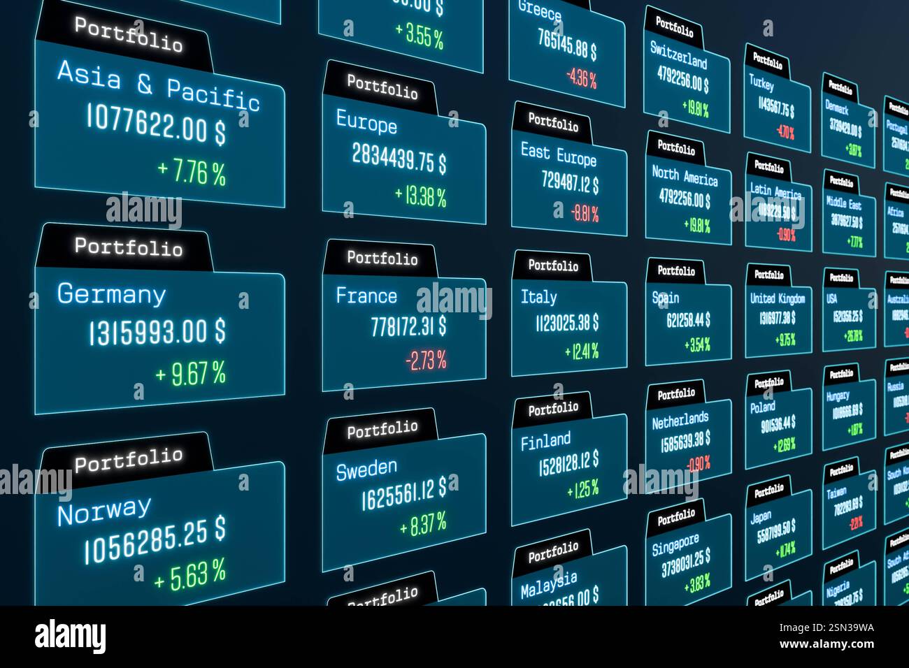 Gestion de portefeuille, marché boursier, investissement, trading, patrimoine, affaires. Investissements, portefeuilles locaux de différents pays. Marché boursier, études de marché, données, gestion de portefeuille, négociation, richesse, affaires. Illustration 3D img stock market083s04 portfolio Investments Banque D'Images