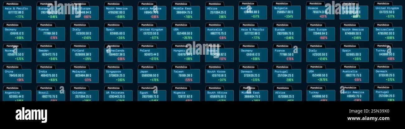 Gestion de portefeuille, marché boursier, investissement, trading, patrimoine, affaires. Investissements, portefeuilles locaux de différents pays. Marché boursier, études de marché, données, gestion de portefeuille, négociation, richesse, affaires. Illustration 3D img stock market083s07 portfolio Investments Banque D'Images
