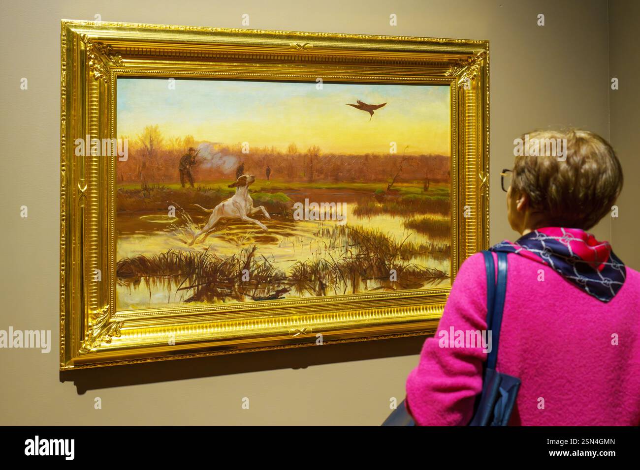 Peintures de Józef Chełmoński sur une exposition temporaire au Musée national de Varsovie. Muzeum Narodowe - Warszawa. Chasse dans les prairies. Banque D'Images