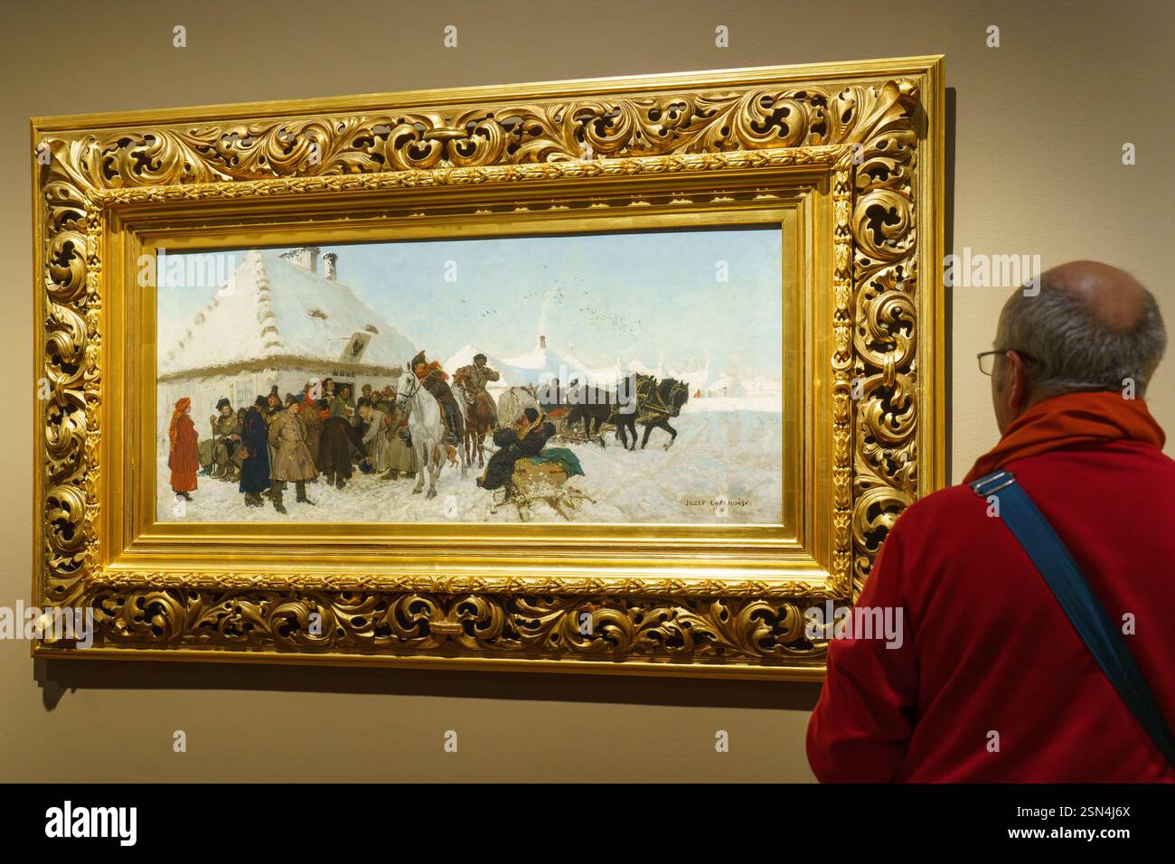 Peintures de Józef Chełmoński sur une exposition temporaire au Musée national de Varsovie. Muzeum Narodowe - Warszawa. Affaire devant la tête du village. Banque D'Images