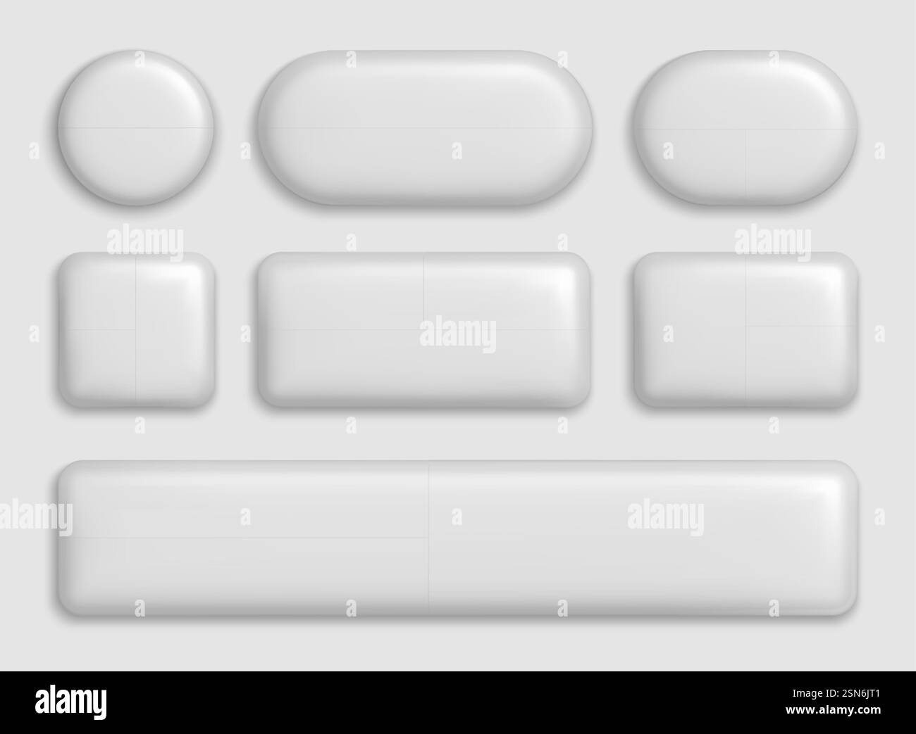 boutons blancs 3d. Éléments d'interface en plastique rectangle et cercle avec ombre réaliste. Badges blancs brillants ronds, carrés et rectangulaires, arrondis. Jeu de vecteurs de bouton d'interface utilisateur brillant Web. Illustration de Vecteur