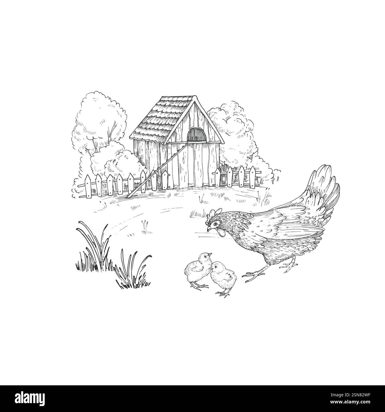 Paysage avec une poule, des poussins et sur fond d'arbres, d'arbustes et d'un poulailler. Illustration de Vecteur