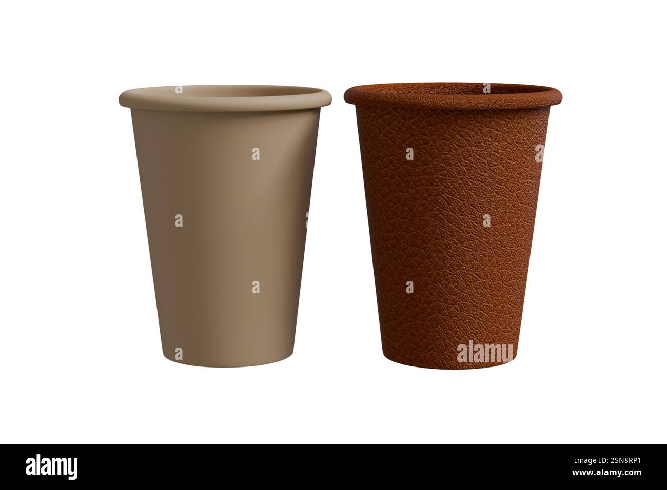 Modèle 3D de tasse en cuir brun et tasse jetable en papier sur fond blanc, tasse pour le café et le thé Banque D'Images