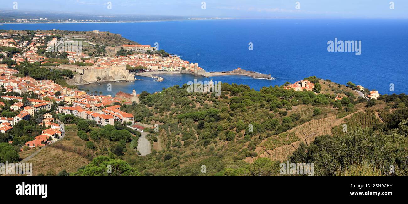 Le port de Collioure et son église sur la côte Vermeille. Banque D'Images
