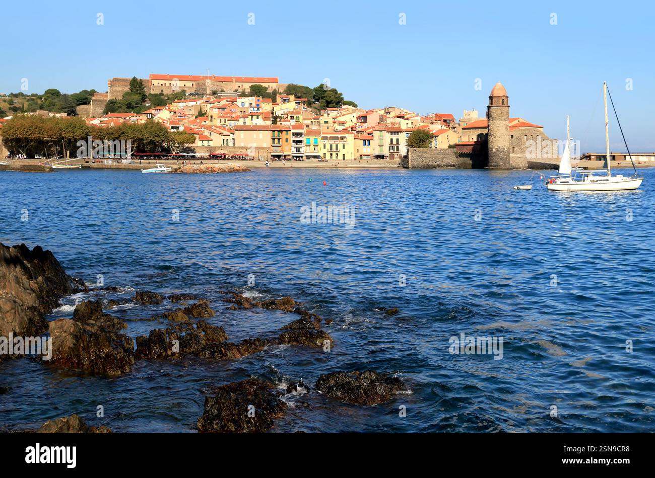 Le port de Collioure et son église sur la côte Vermeille. Banque D'Images