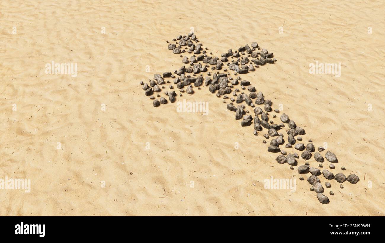 Concept pierres conceptuelles sur plage sable forme de symbole fait à la main, fond de sable doré, croix chrétienne.Une métaphore d'illustration 3d pour Dieu, Christ Banque D'Images