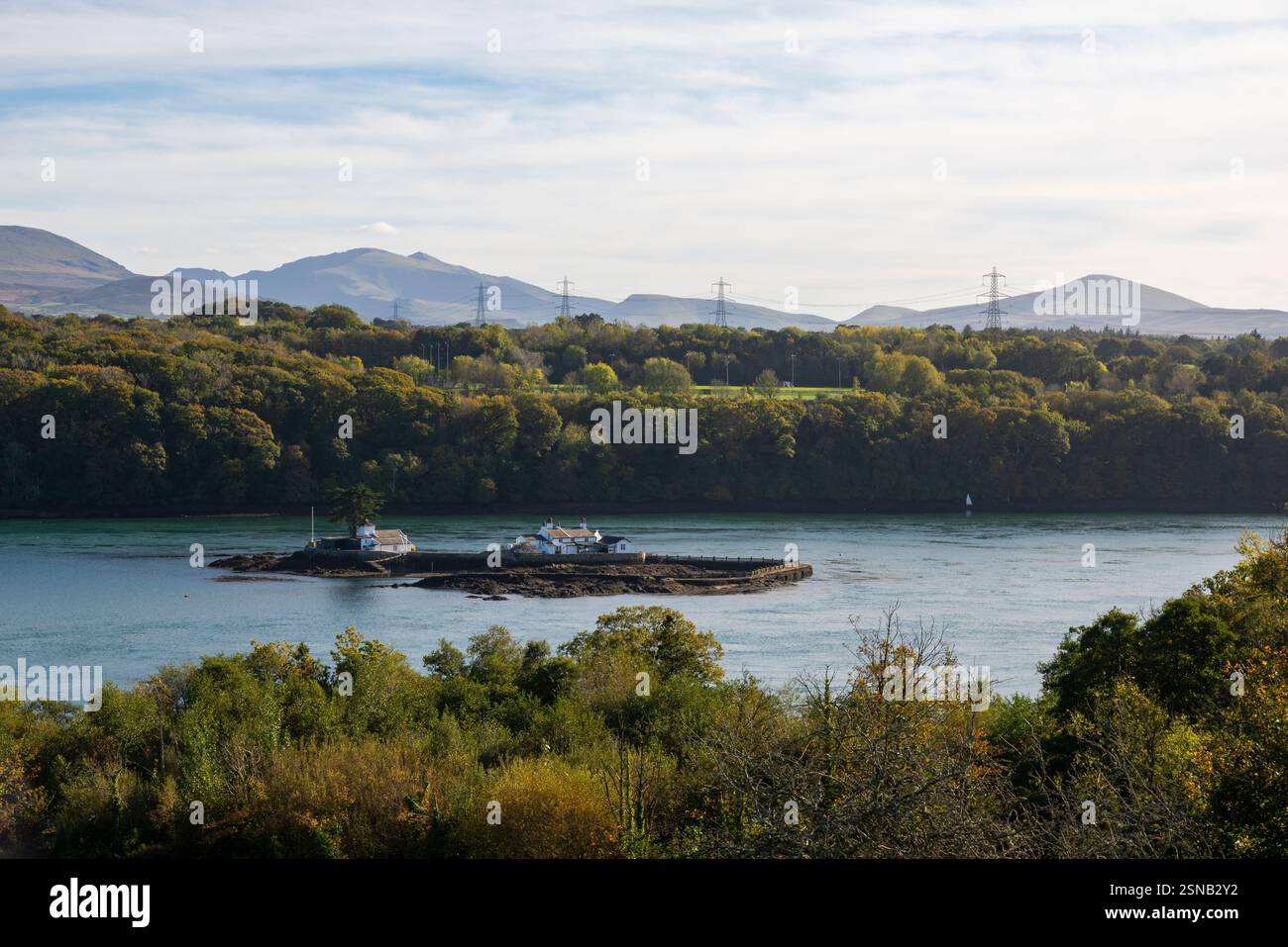Petite île sur le détroit de Menai entre les deux célèbres ponts sur le continent du nord du pays de Galles. Banque D'Images