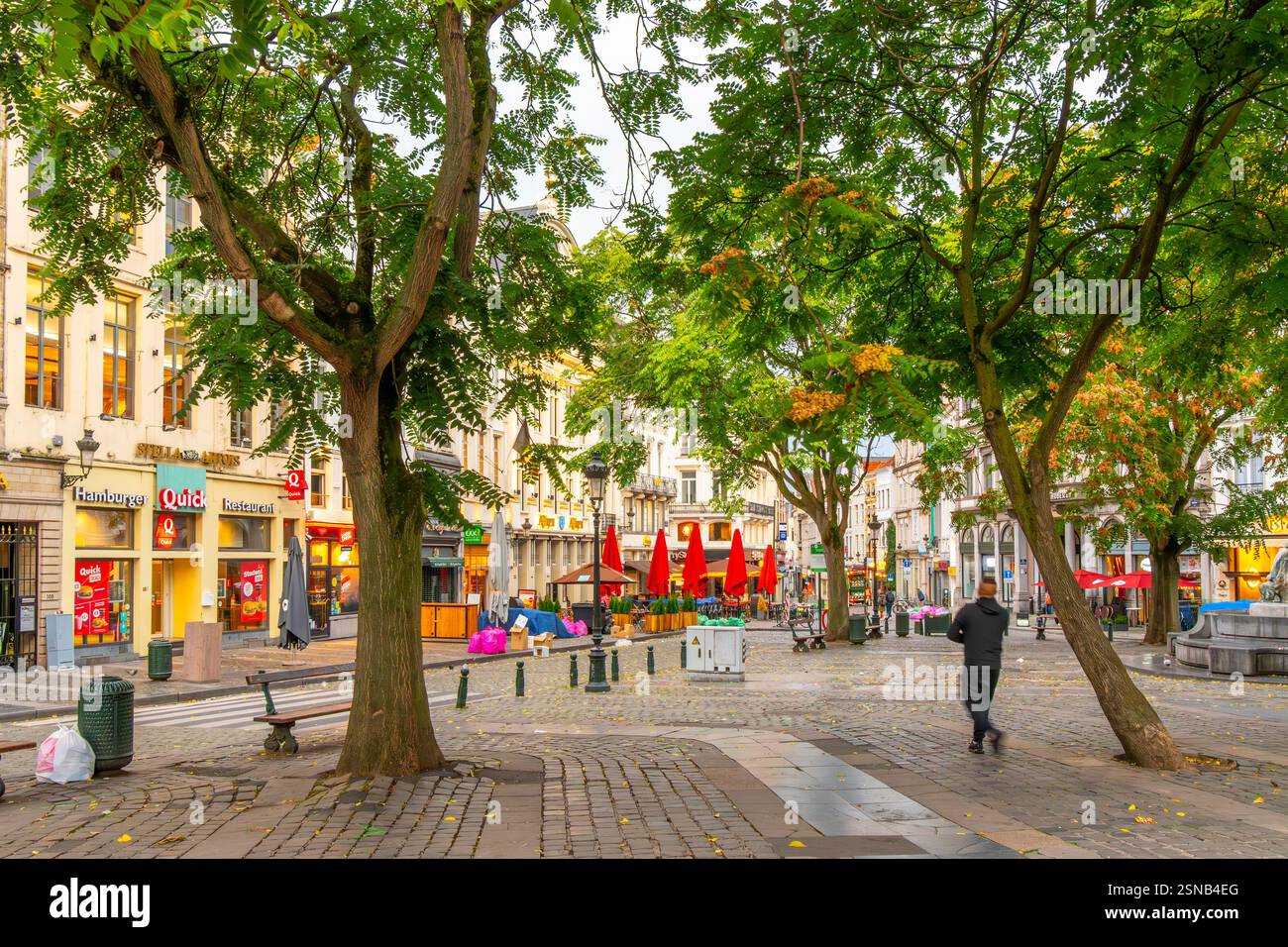 Vue depuis la place Charles Buls de la rue du marché aux herbes, une avenue colorée de shopping et de restaurants dans la vieille ville historique de Bruxelles, Belgique Banque D'Images