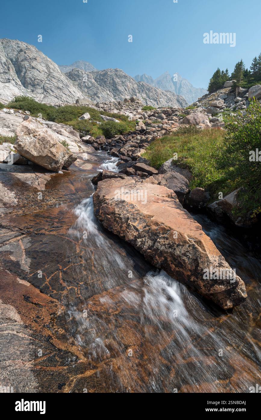 Ruisseau qui coule à travers une prairie abrupte dans la chaîne de Wind River Range dans le Wyoming. Banque D'Images