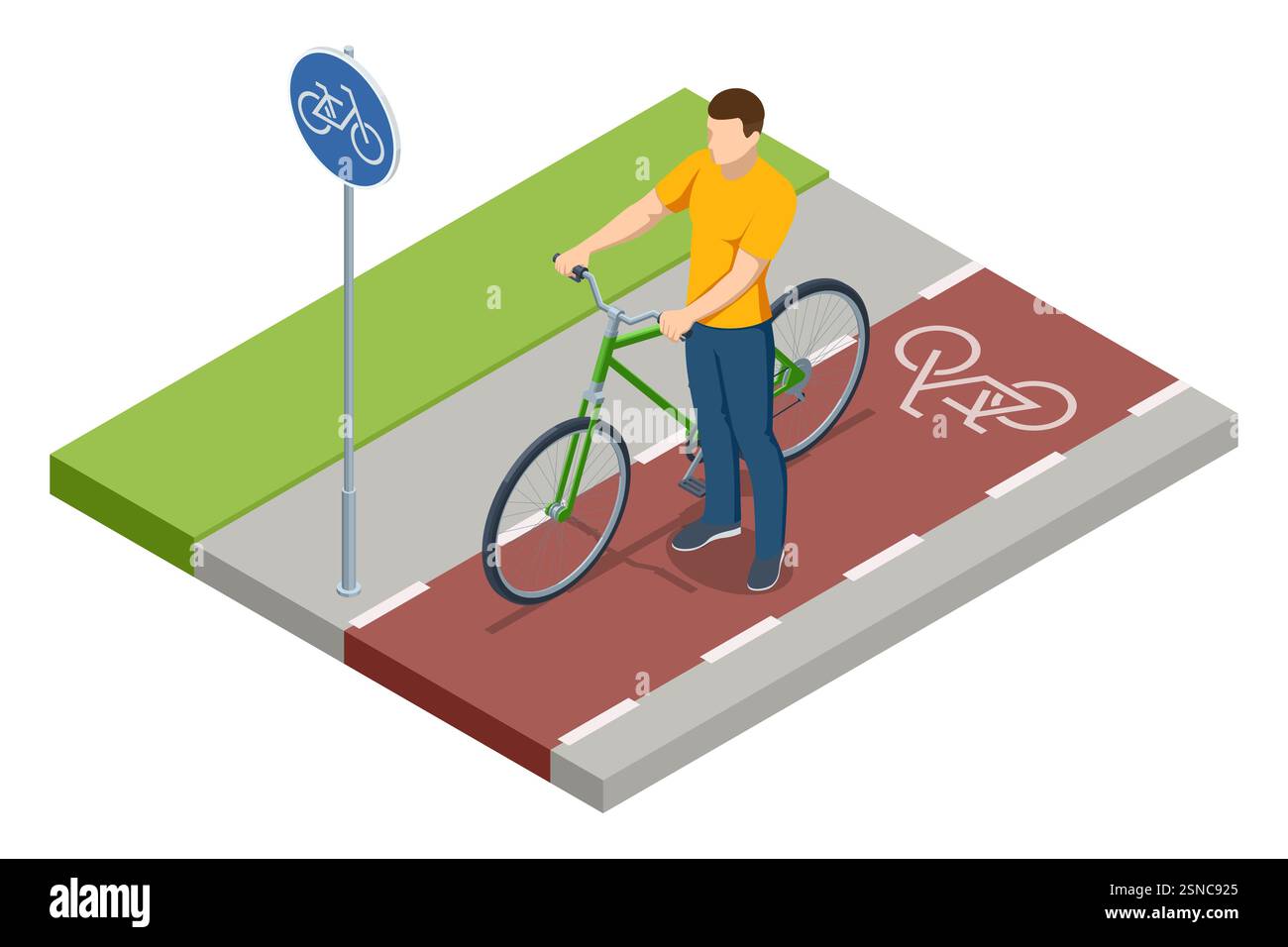 Illustration vectorielle isométrique d'un cycliste debout sur une piste cyclable désignée. La piste cyclable rouge est marquée par un panneau vélo et une route Illustration de Vecteur