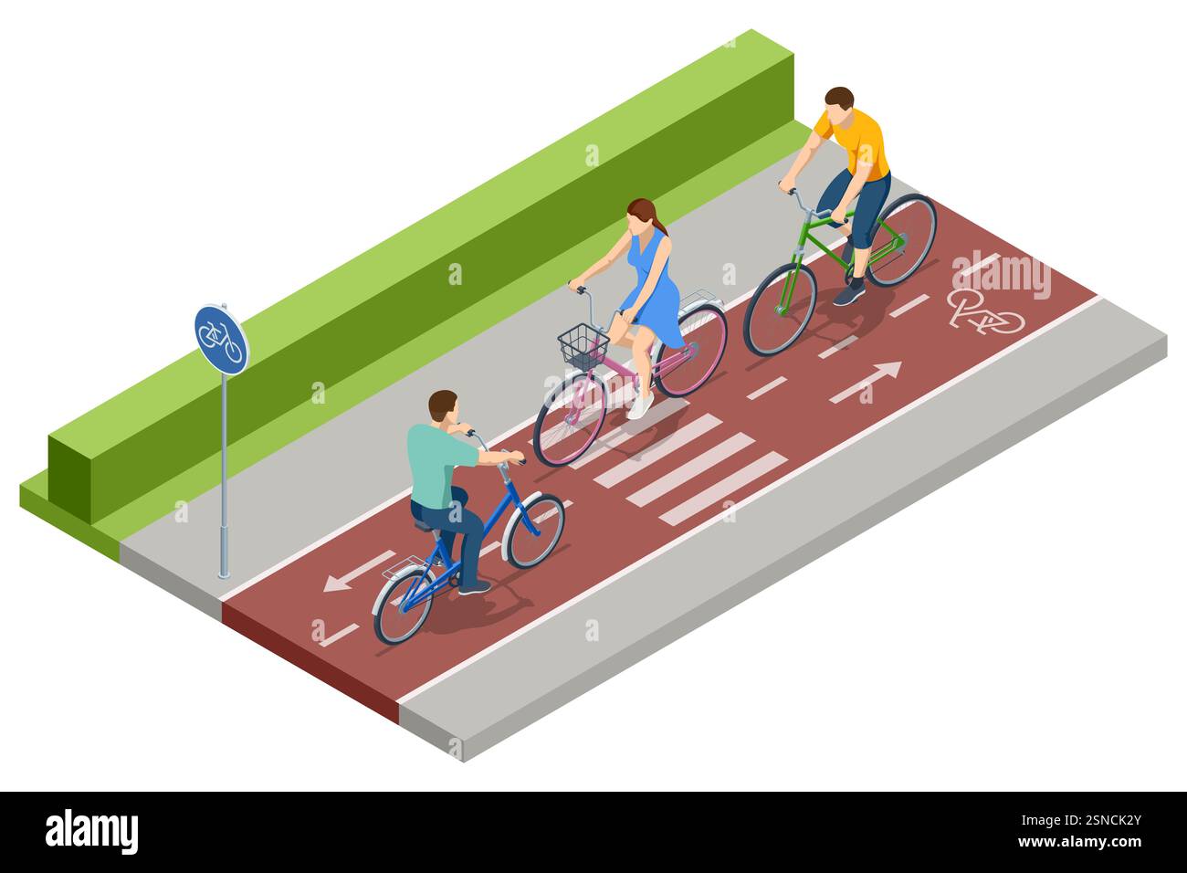 Illustration vectorielle isométrique de plusieurs cyclistes utilisant une piste cyclable dédiée avec des voies balisées, un panneau de signalisation pour vélo et des indicateurs de sécurité routière Illustration de Vecteur