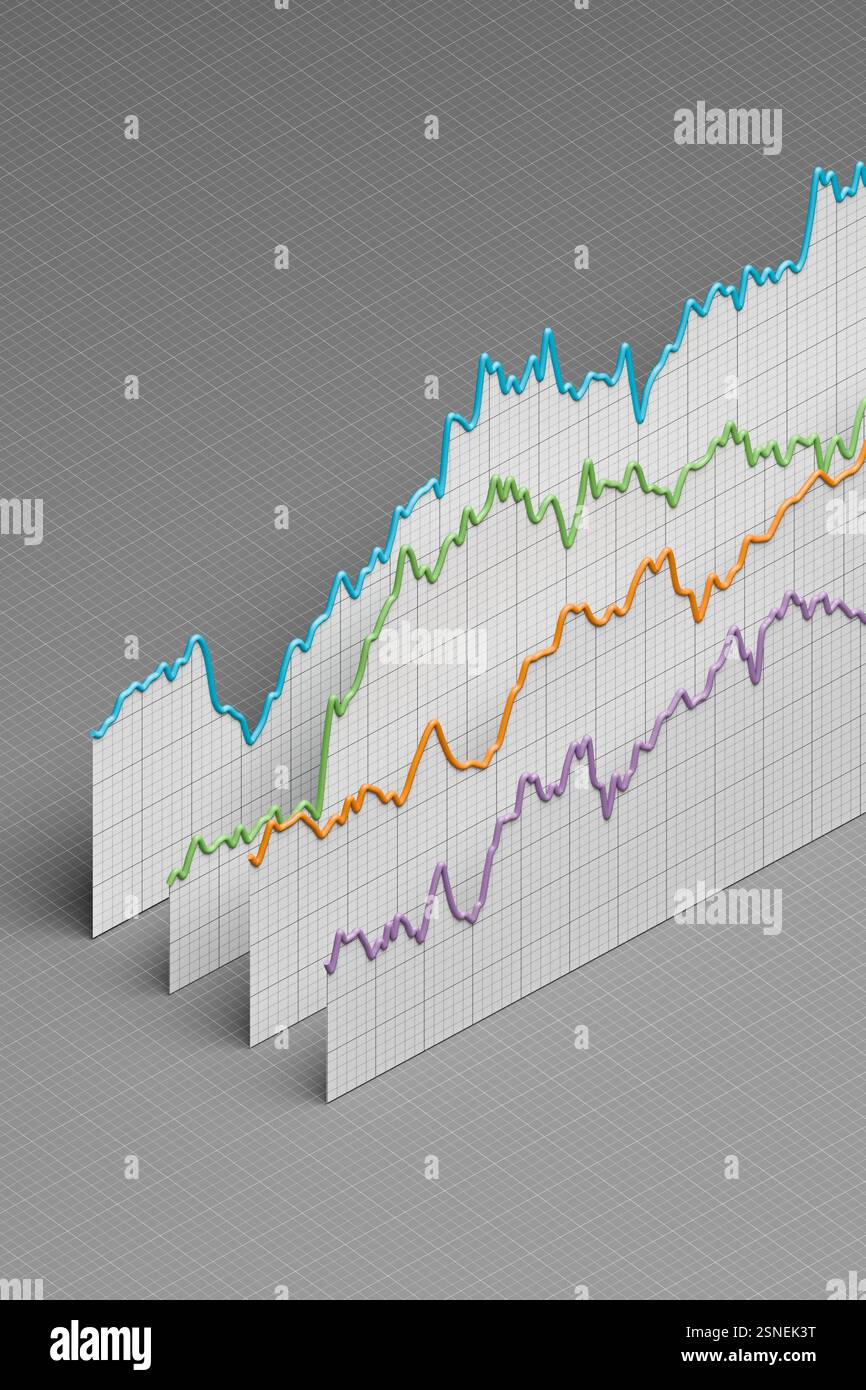 Graphiques des prix historiques des titres, actions, obligations ou matières premières ou des chiffres financiers arrangés en 3d avec papier gradué. Perspective orthographique Banque D'Images