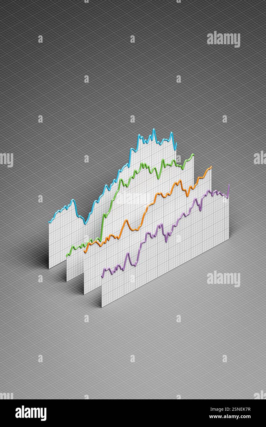Graphiques des prix historiques des titres, actions, obligations ou matières premières ou des chiffres financiers arrangés en 3d avec papier gradué. Perspective orthographique Banque D'Images
