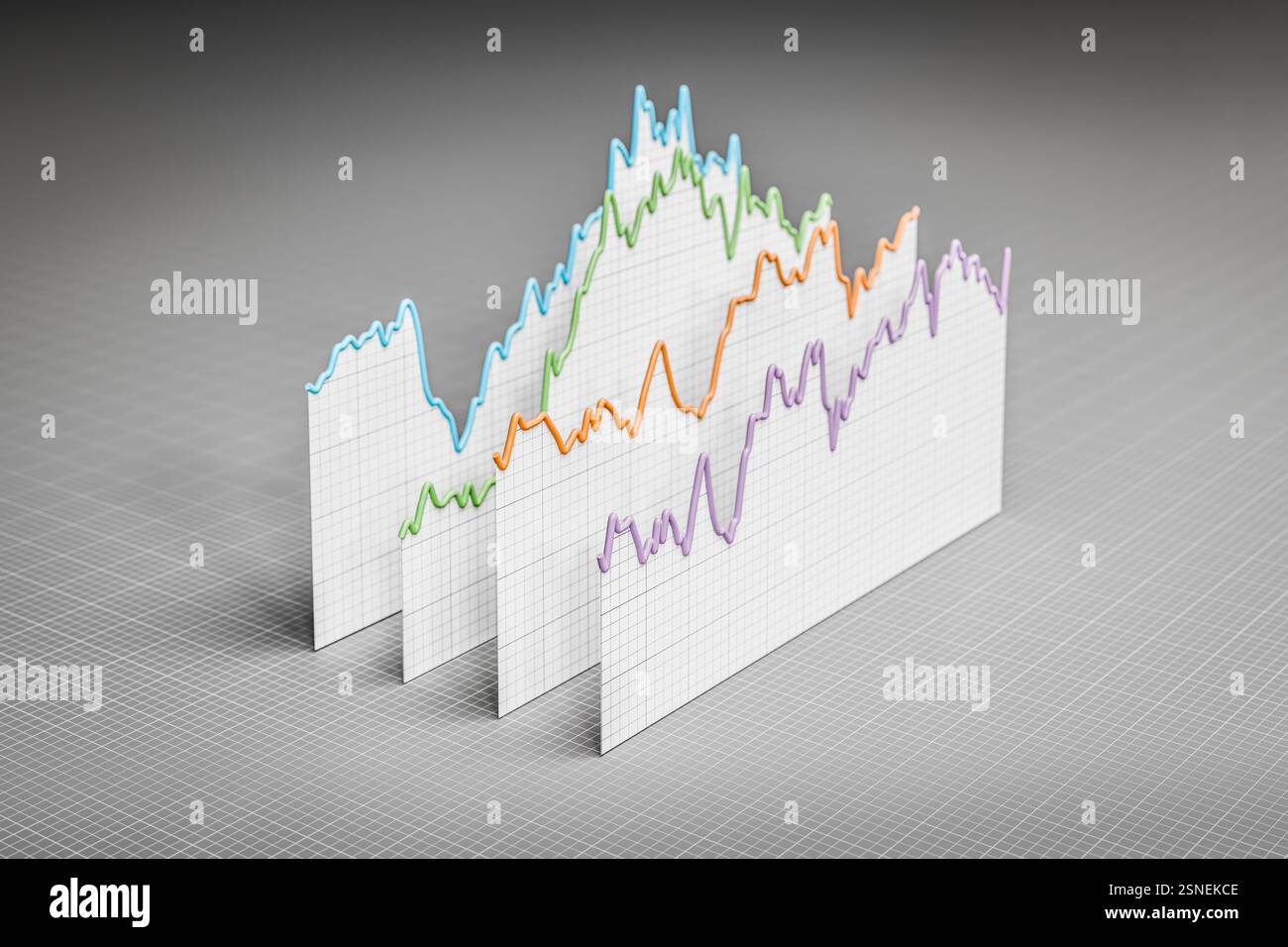 Graphiques des prix historiques des titres, actions, obligations ou matières premières ou des chiffres financiers arrangés en 3d avec papier gradué. Mise au point sélective Banque D'Images