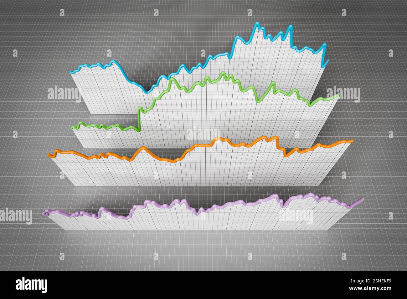 Graphiques des prix historiques des titres, actions, obligations ou matières premières ou des chiffres financiers arrangés en 3d avec papier gradué. Vue de dessus Banque D'Images