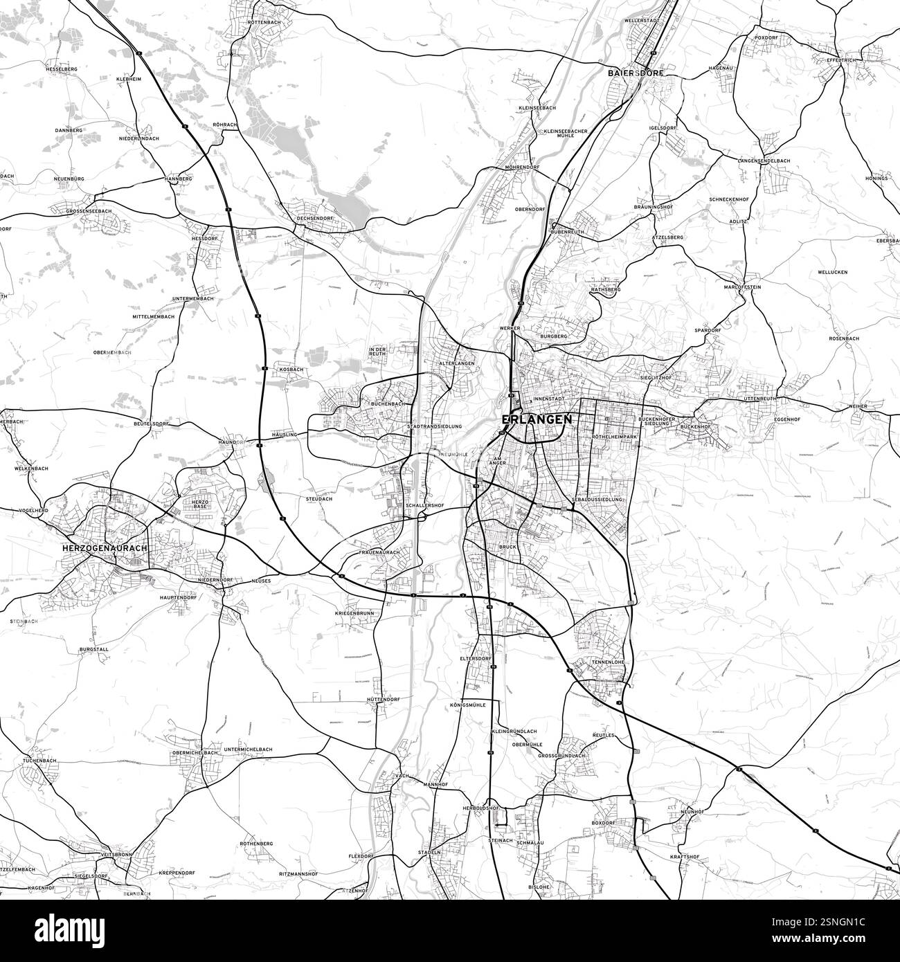 Carte de la ville d'Erlangen noir et blanc pour l'art mural Banque D'Images