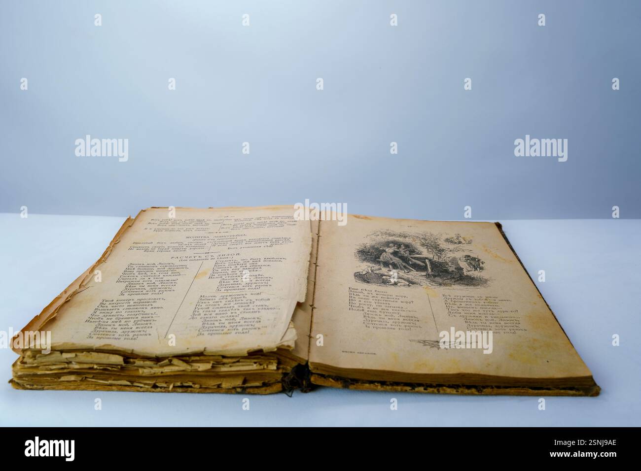 Ouvrez un vieux livre avec des pages fragiles et jaunies et une illustration vintage en noir et blanc. Littérature historique âgée, parfaite pour les thèmes de la connaissance, salut Banque D'Images