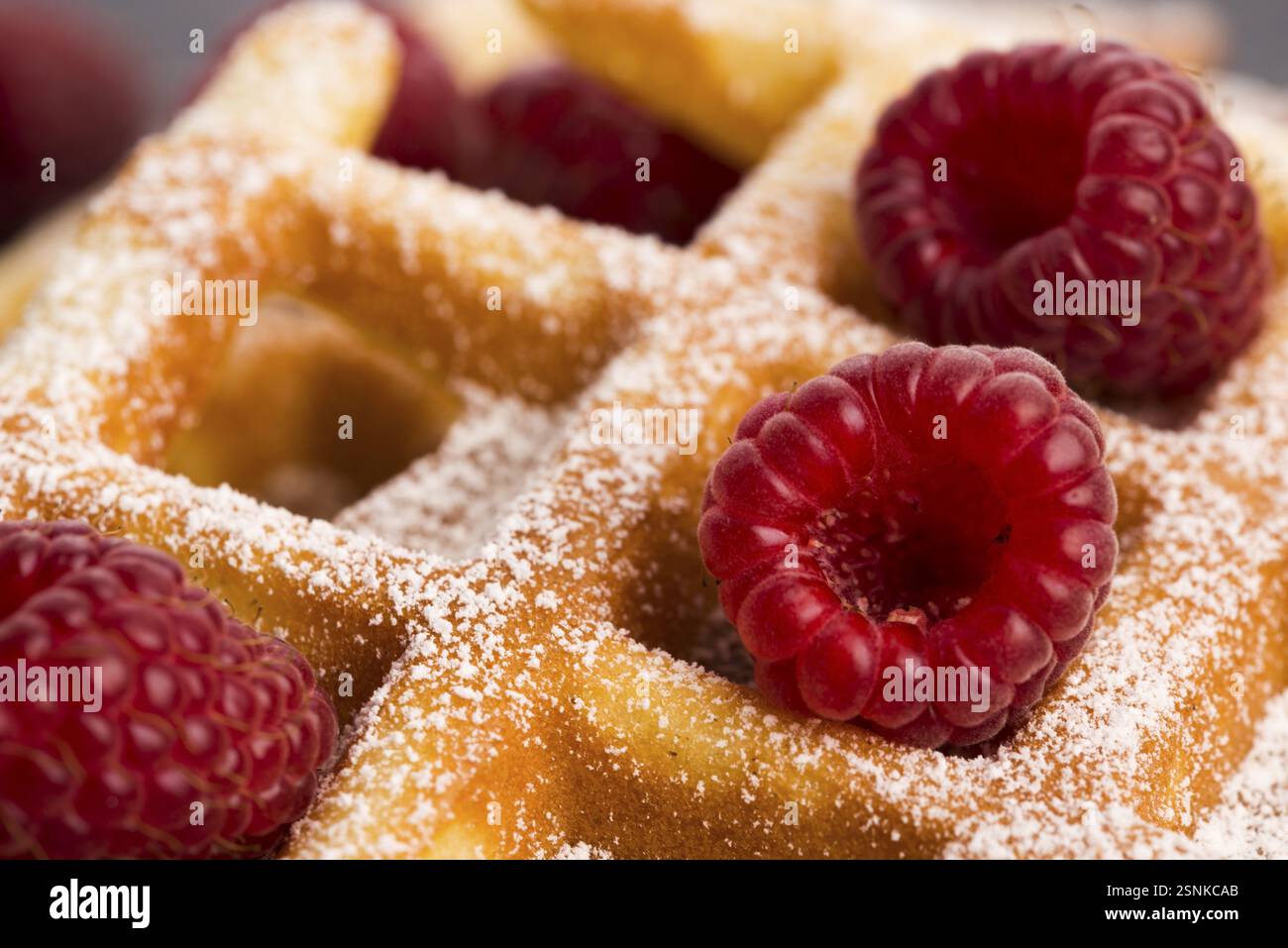 Gaufres fraîches garnies de sucre en poudre et de framboises Banque D'Images