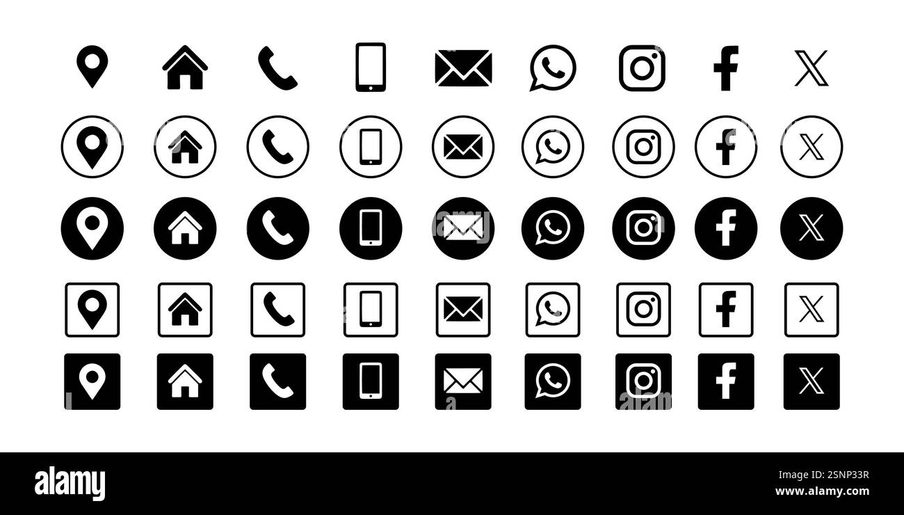 Collection d'icône de carte de visite populaire et logo de médias sociaux. Téléphone, mobile, adresse, mail, facebook, x app Illustration de Vecteur