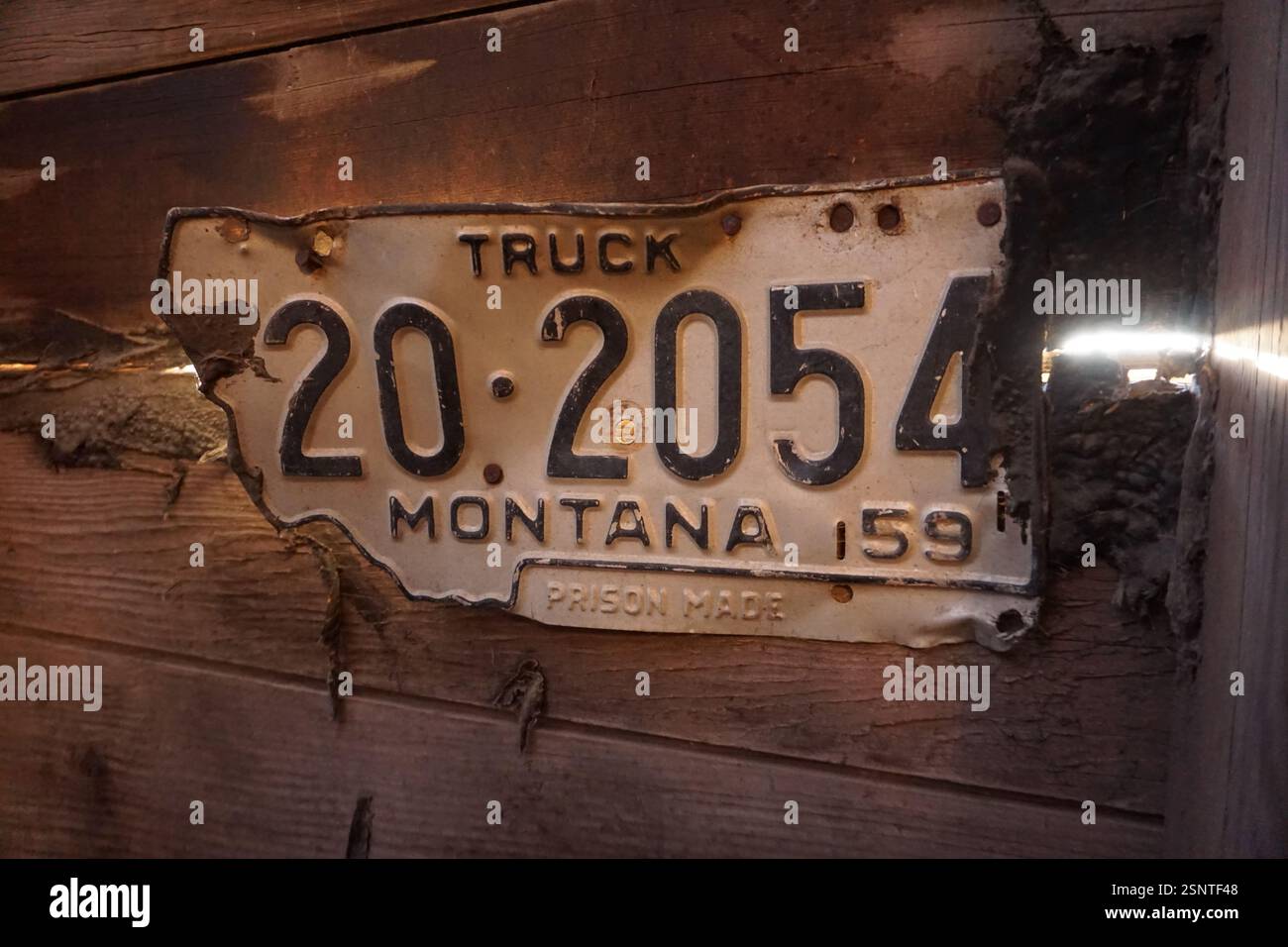Plaque d'immatriculation du Montana clouée au mur d'une grange abandonnée Banque D'Images