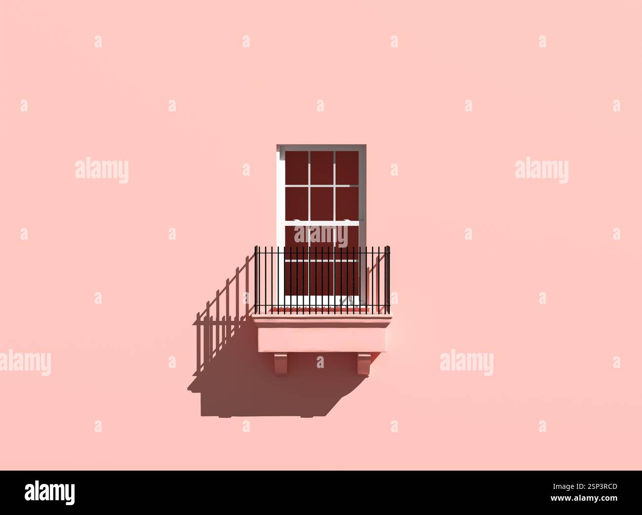 Façade de bâtiment rose minimaliste avec une fenêtre avec un petit balcon et une rampe noire, projetant une ombre sur le mur. Rendu 3D. Banque D'Images