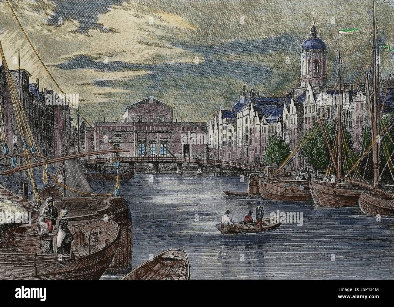 Pays-Bas. Amsterdam. Vue historique. Water en Archterzijde der Beurs. 1858. Banque D'Images