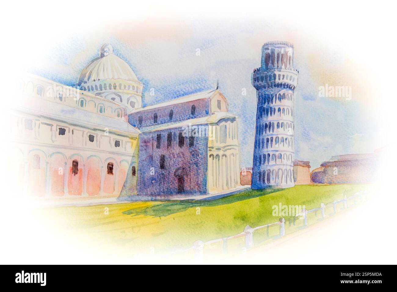 Peinture aquarelle dessinée à la main tour penchée colorée de Pise, Italie, illustration de fond d'art sur papier avec carte postale, affiche, publicité. Voyage Banque D'Images