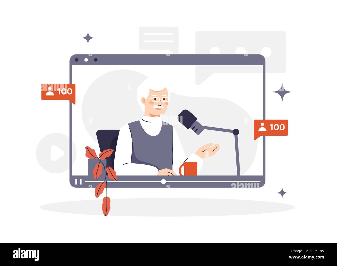 Illustration vectorielle d'un homme âgé podcaster diffusant en direct sur un écran de tablette. L'homme parle dans un microphone, interagissant avec son public. Illustration de Vecteur