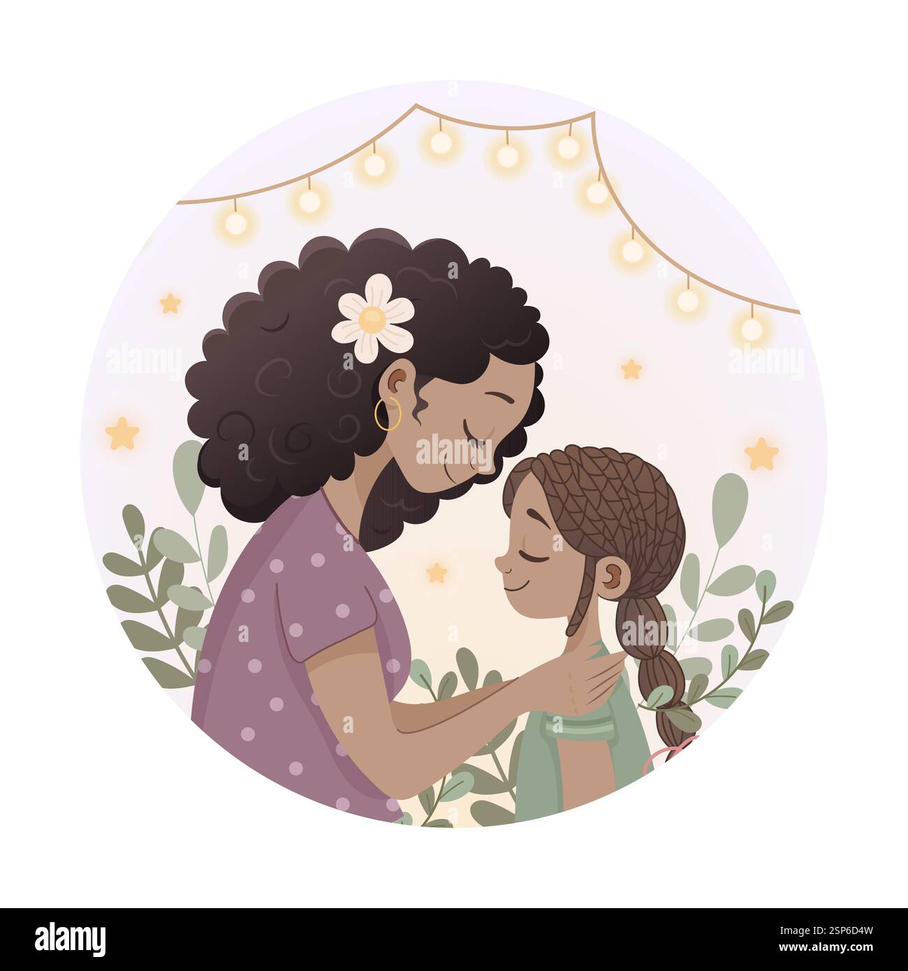 Fête des mères, femme à la peau foncée embrasse sa fille dans un cadre Illustration de Vecteur