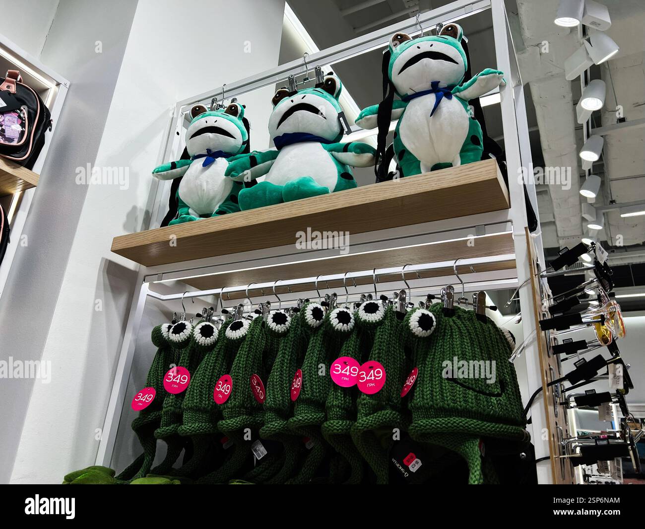 Lviv, Ukraine - 13 février 2025 : étagère de vente au détail avec des jouets en peluche grenouille et des chapeaux en tricot vert avec des motifs mignons Banque D'Images