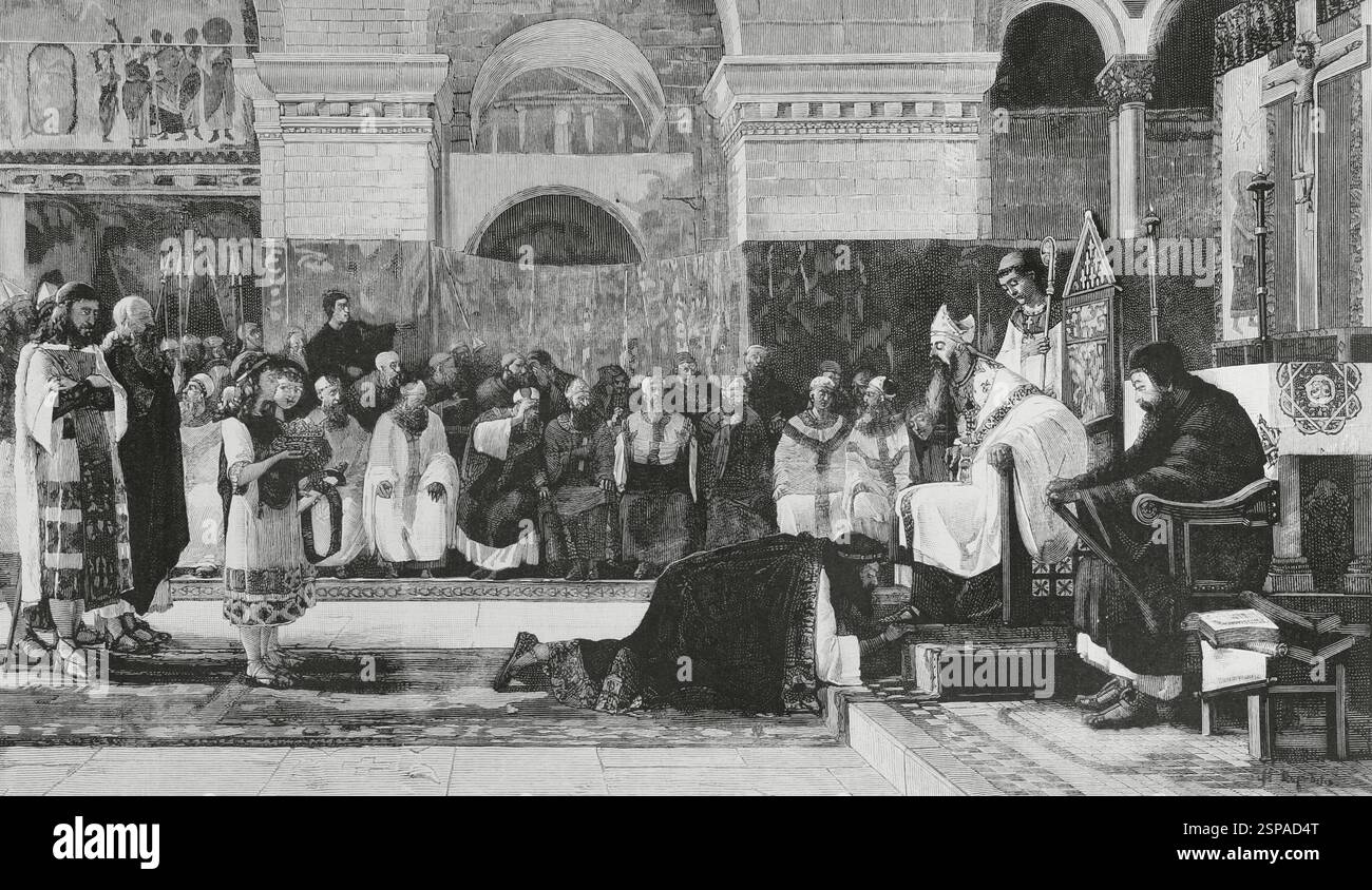 Sisenand (décédé en 636). Roi wisigothique d'Hispanie (631-636). Le roi Sisenand devant le quatrième Concile de Tolède. Elle a commencé le 5 décembre 633 dans l'église de Santa Léocadia à Tolède, en présence du roi Sisenand et sous la direction d'Isidore, évêque de Séville. Gravure d'après une peinture de Vayreda y Vila. L'illustration espagnole et américaine (la Ilustración Española y Americana). 30 juillet 1884. Banque D'Images