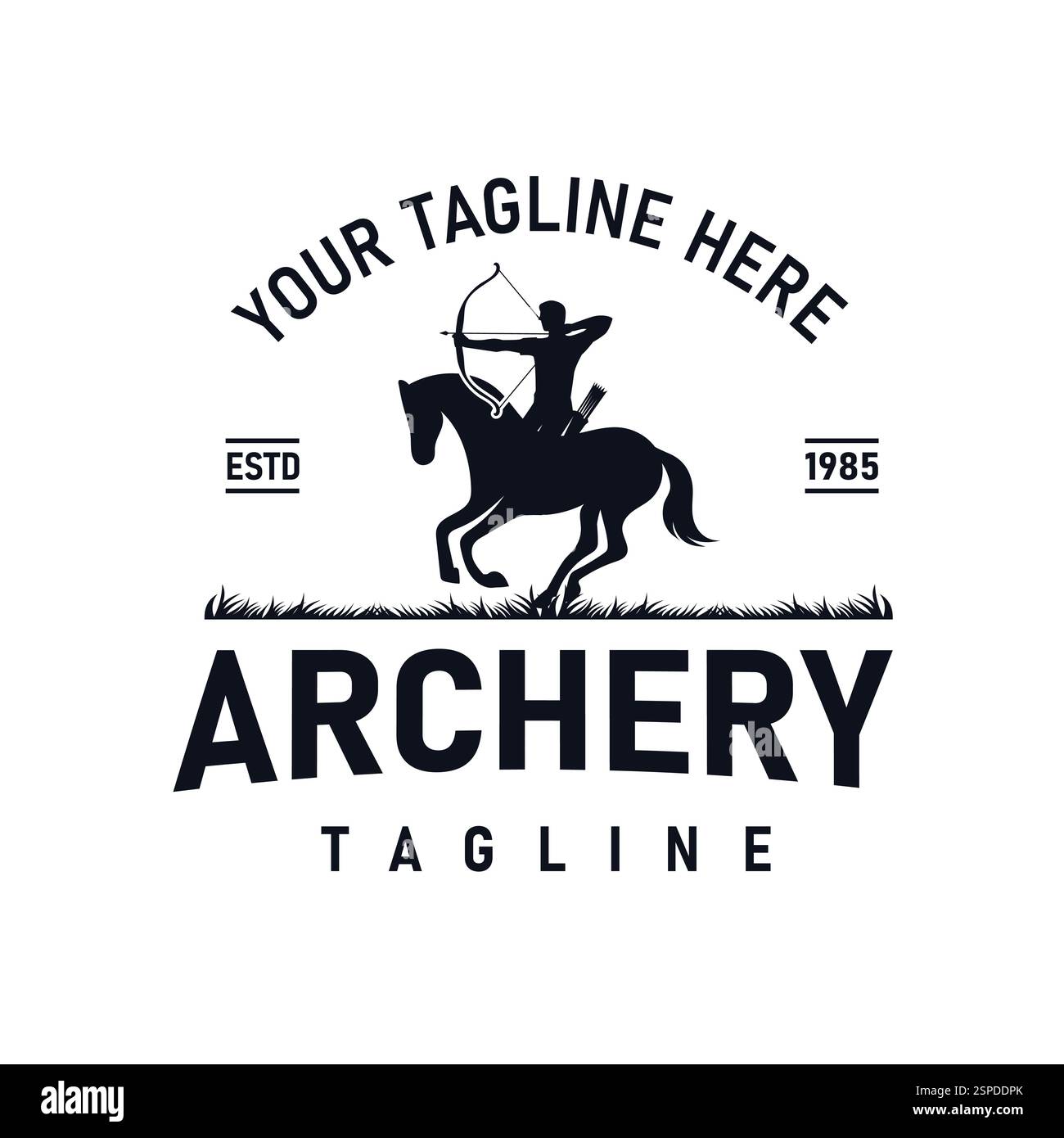 Silhouette de guerrier médiéval sur cheval avec arc il vise flèche pendant la bataille. Logo for War Fight Illustration de Vecteur