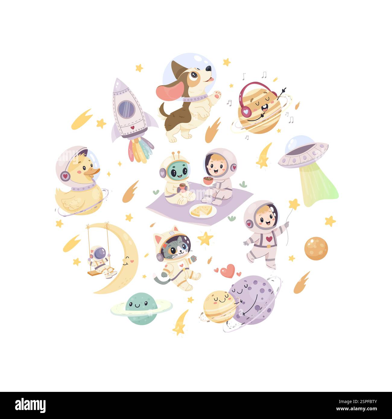 Un ensemble d'illustrations d'espace mignonnes. Astronautes, fusée, chat et chien mignon, canard, planètes. Impression, sublimation Illustration de Vecteur