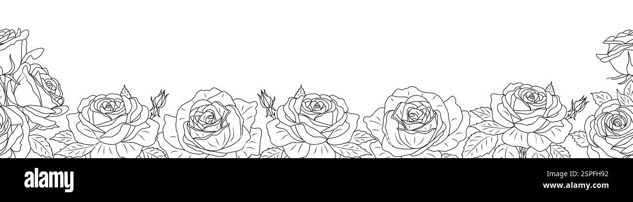 Bordure sans couture, fond, cadre avec des fleurs roses d'art au trait Illustration de Vecteur