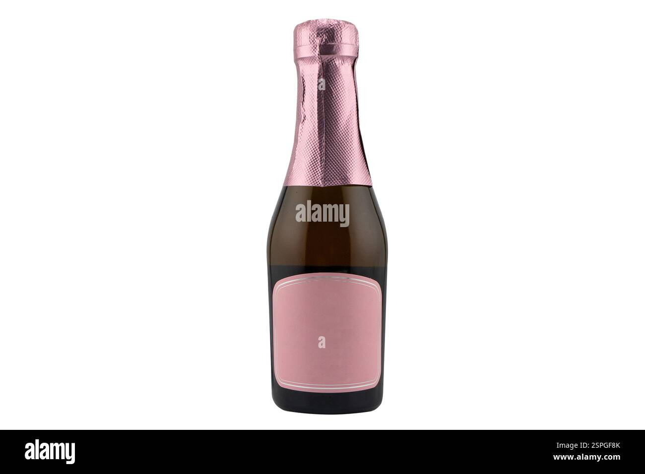 Gros plan bouteille pleine de champagne rose avec étiquette vierge isolé sur fond blanc. Flacon Prosecco avec étiquette vierge isolé Banque D'Images