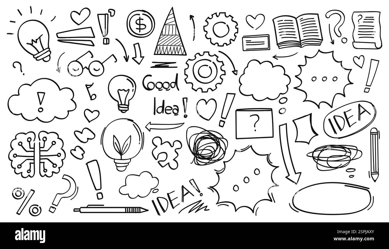 Griffonnages dessinés à la main sur les idées, la pensée, les connaissances et les affaires. Illustration vectorielle. Illustration de Vecteur