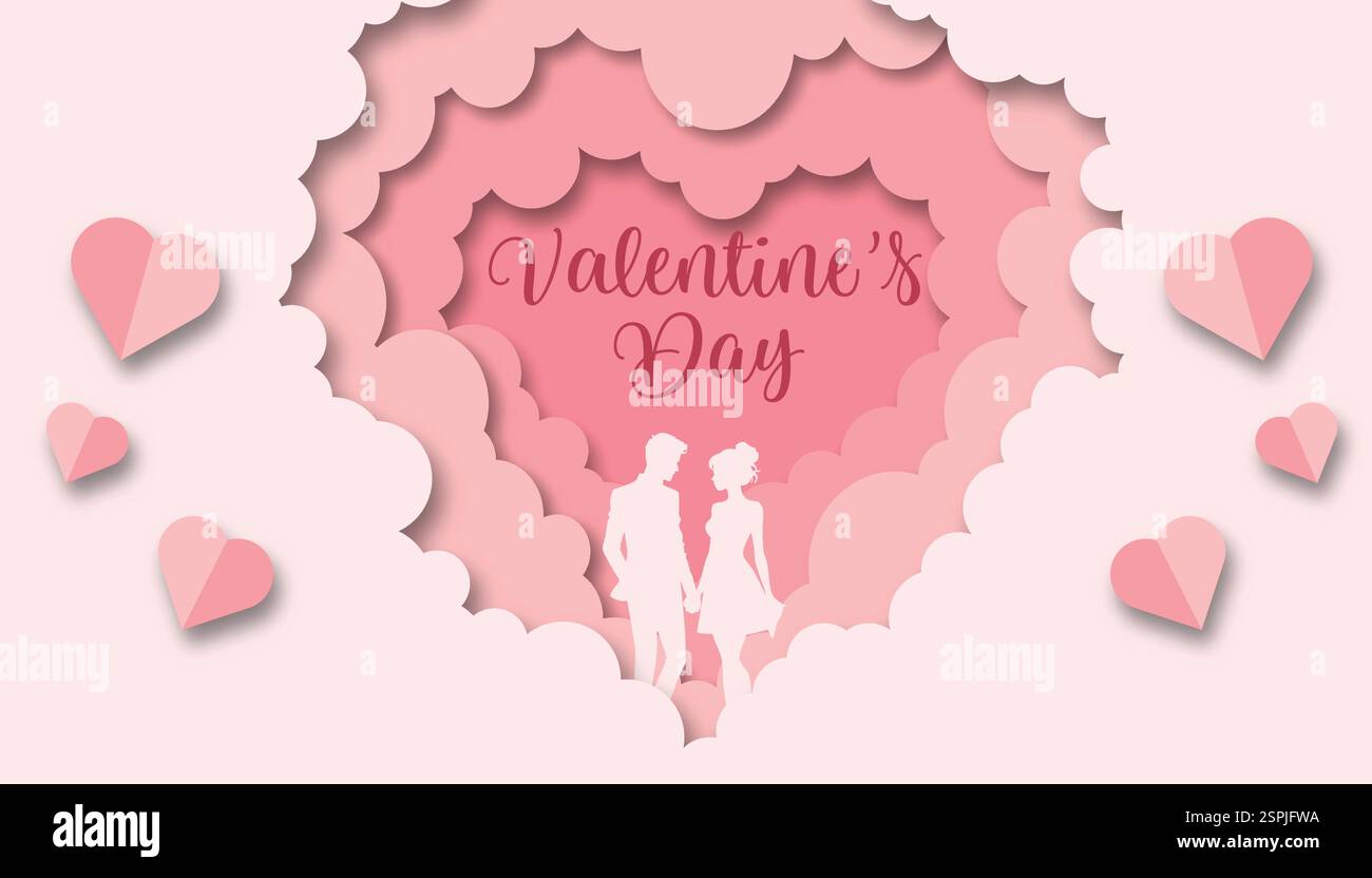 Fond de Saint-Valentin avec coeur coupé en papier superposé, silhouette de couple et coeurs flottants. Parfait pour les bannières, les cartes de vœux et le thème de l'amour Illustration de Vecteur