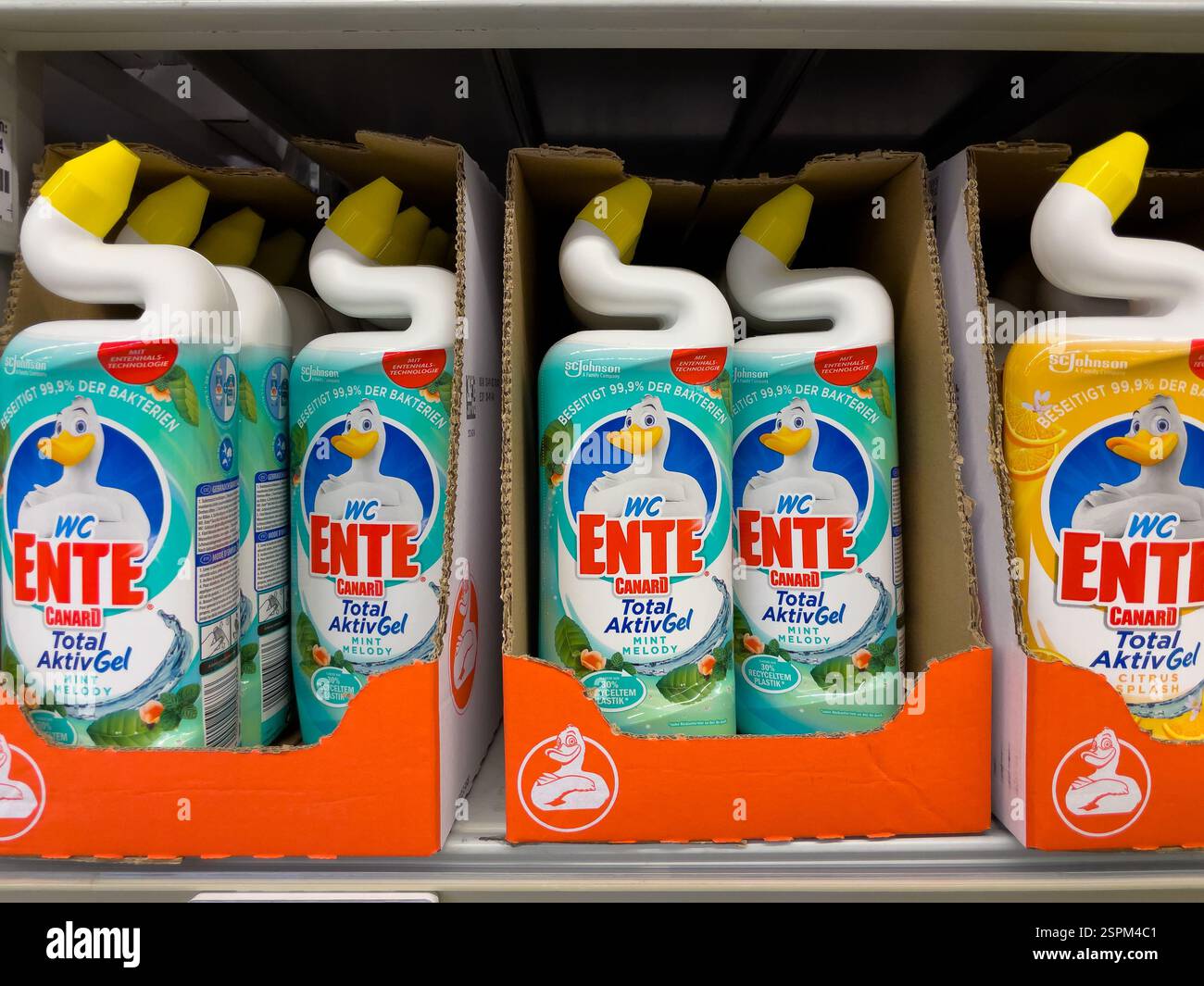 Plusieurs boîtes de nettoyant WC Ente canard pour cuvette de toilette aux senteurs variées (Mint Melody et Citrus Splash) sont exposées sur une étagère de vente au détail. Les bouteilles le sont Banque D'Images