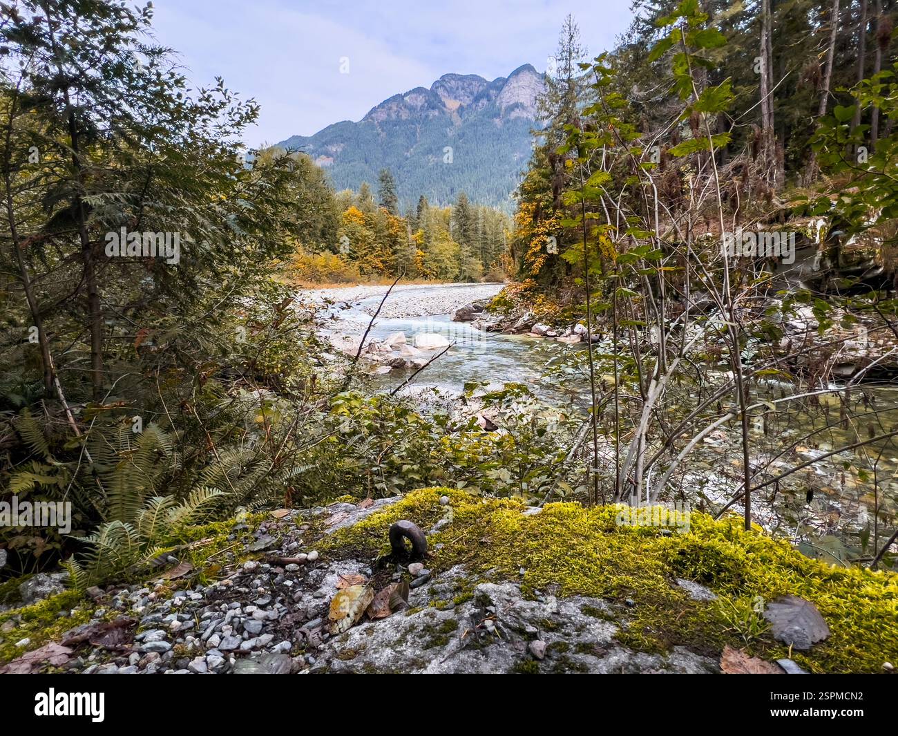 Rivière sinueuse à travers les montagnes canadiennes un jour d'automne Banque D'Images Rivière sinueuse à travers les montagnes canadiennes un jour d'automne Banque D'Images