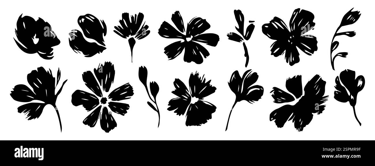 Ensemble de fleurs noires dans le style d'encre de coup de pinceau Illustration de Vecteur
