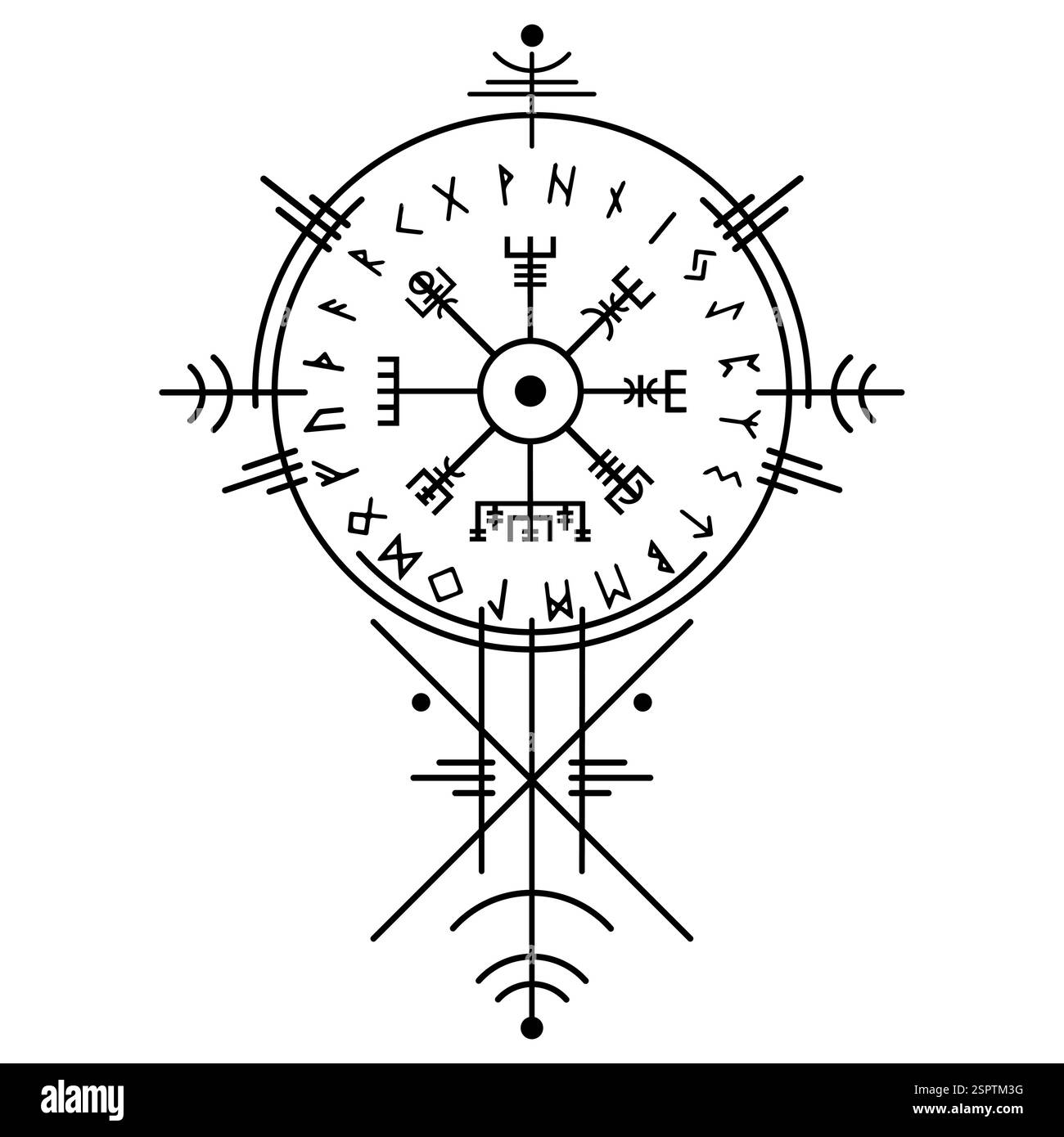 La boussole magique Vegvisir, ancien alphabet runique viking, utilisait de nombreux symboles conformément à la mythologie nordique, largement utilisée dans la société viking Illustration de Vecteur