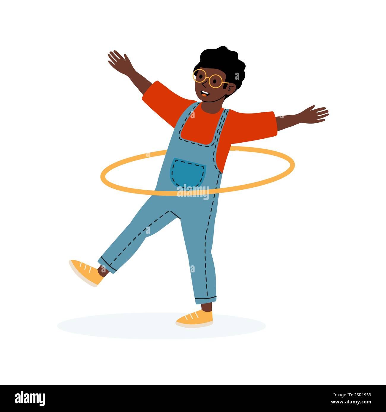 Enfant aime hula Hooping dehors tout en portant des vêtements colorés et en souriant joyeusement Illustration de Vecteur