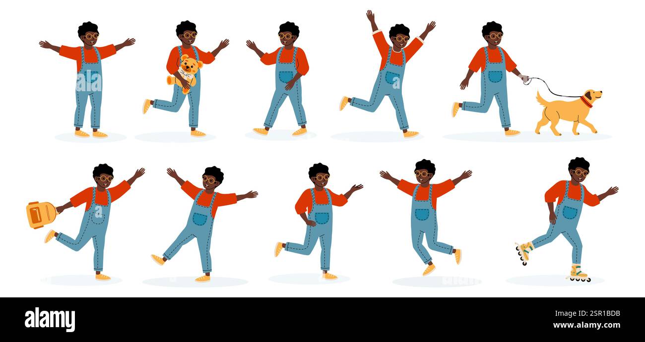 Enfant joyeux s'engageant dans diverses activités ludiques dans une tenue décontractée à l'extérieur Illustration de Vecteur