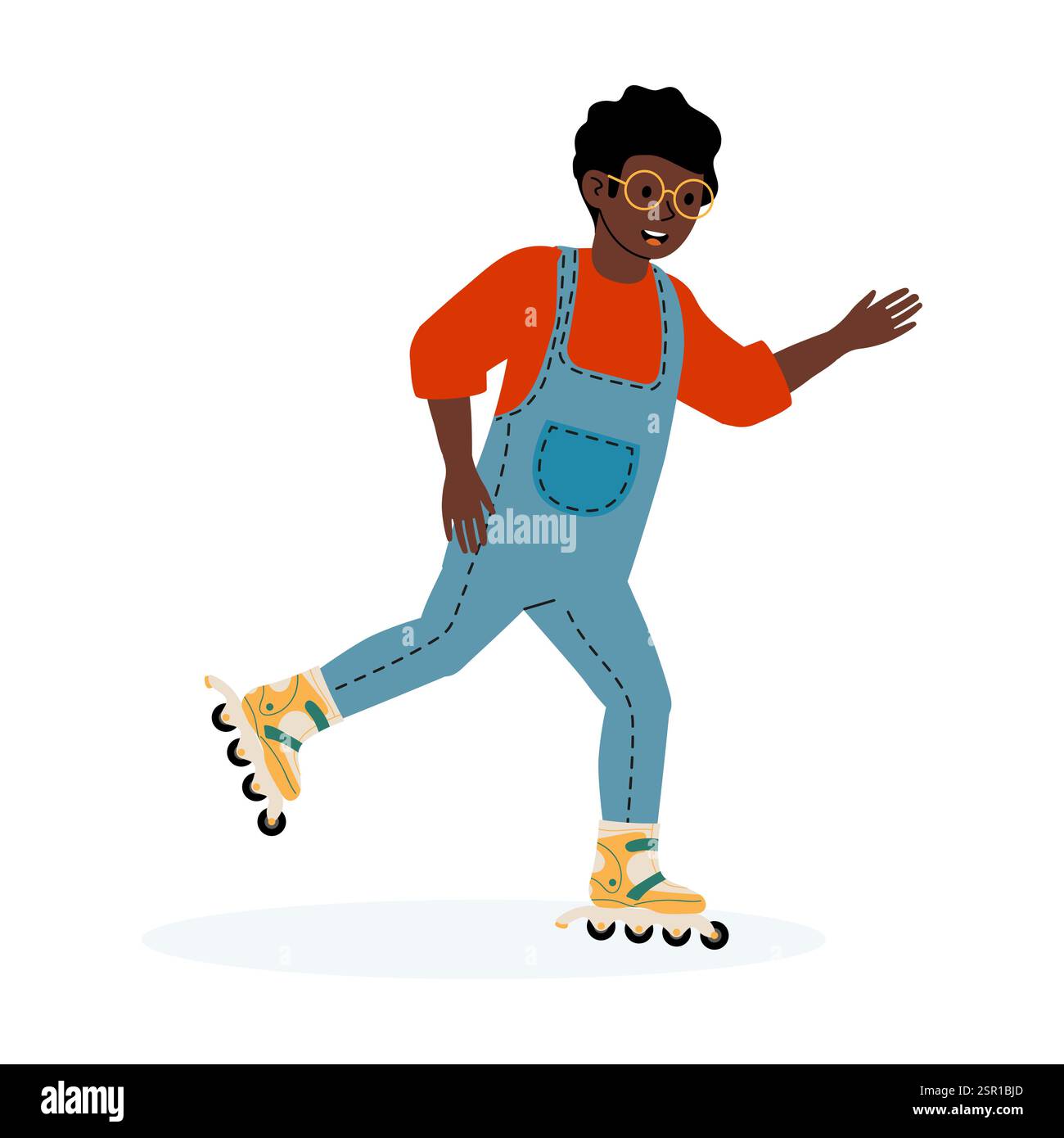 Enfant souriant patinant sur des lames de roller portant des vêtements colorés dans un environnement lumineux Illustration de Vecteur