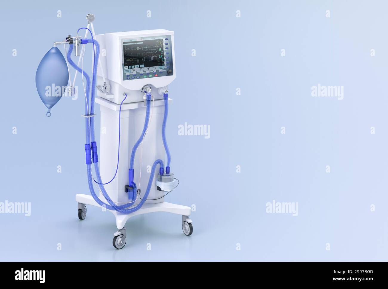 Illustration d'un ventilateur médical utilisé dans une unité de soins intensifs (USI) pour la ventilation pulmonaire artificielle. Banque D'Images